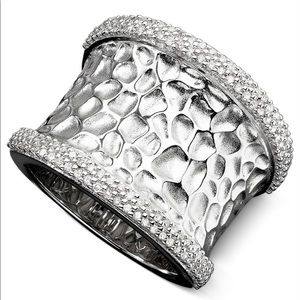 EFFY Hammered Silver Ring Pave Diamond Edge Size 8